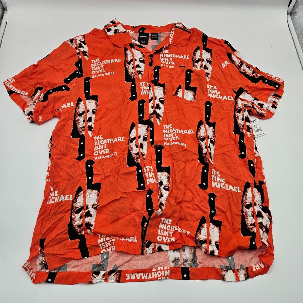 Halloween II " It's Time Michael " Movie Men's Button Shirt Orange/Black 3XL NWT